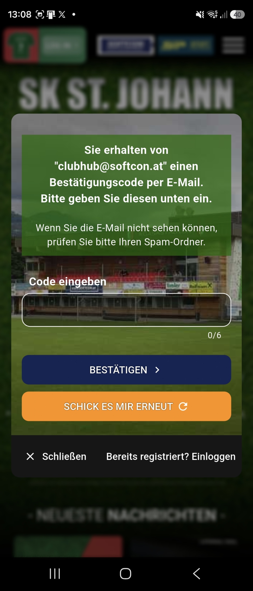 App E-Mail Bestätigungscode einfügen